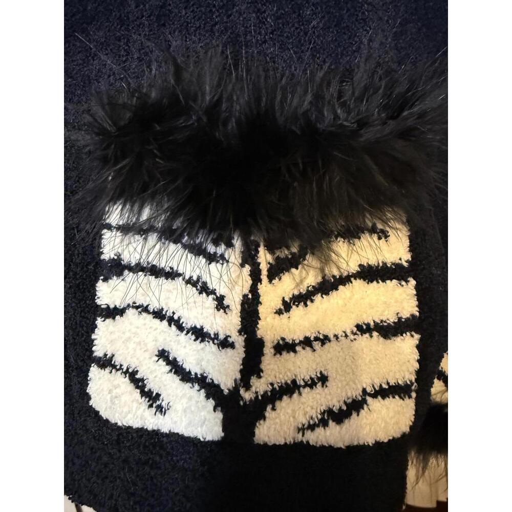 BEREK L CARDIGAN SWEATER CHENILLE BLACK & WHITE ZEBRA FEATHER ACCENTS VTG NWOT - Picture 5 of 9